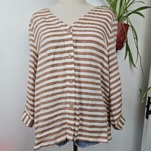 Rachel Zoe Linen Stripe Blouse L Brown Ivory‎ 3/4 Sleeve Button Front Lagenlook